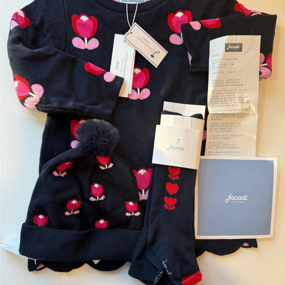 Jacadi Black and Pink Tulip Knit Set - Sweater, Beanie & Tights